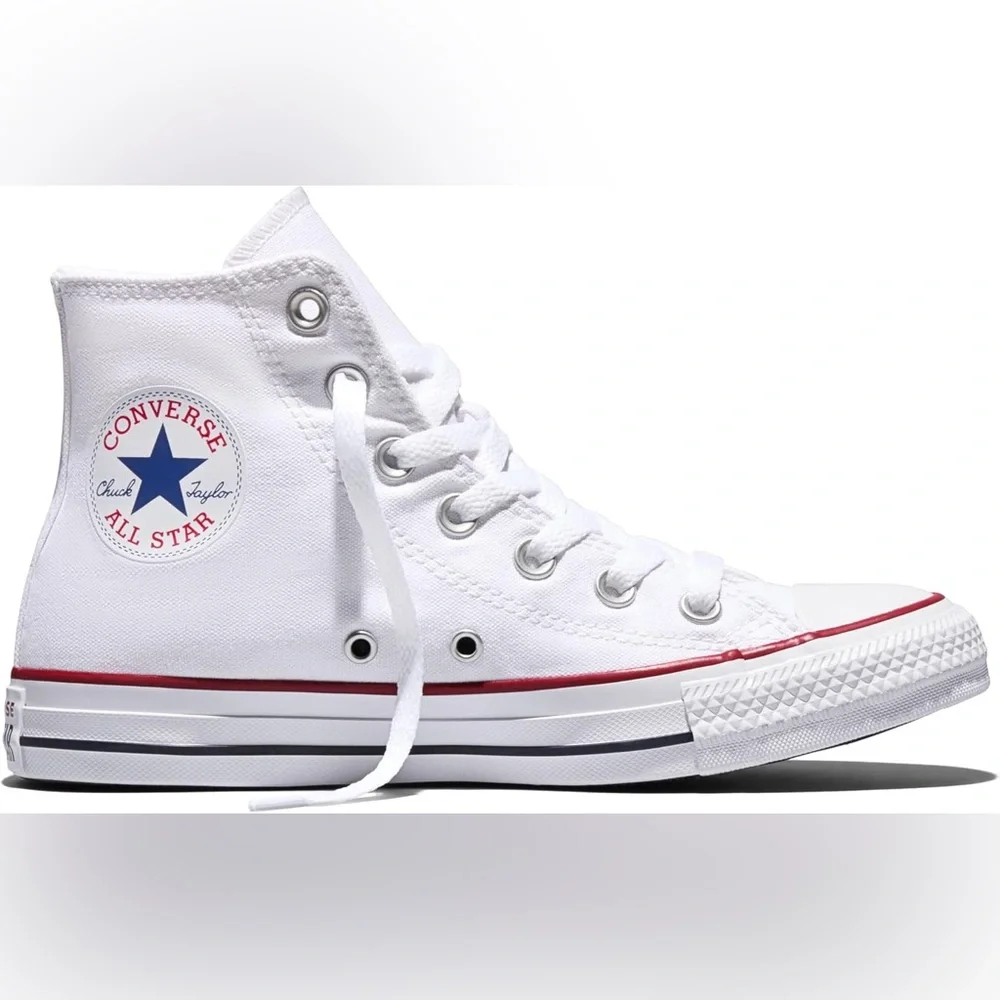 Converse High Top Sneaker in White with Red & Navy Accents